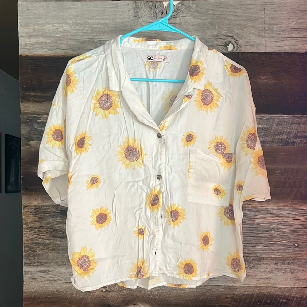 SO White sunflower print Button Down short sleeve Shirt